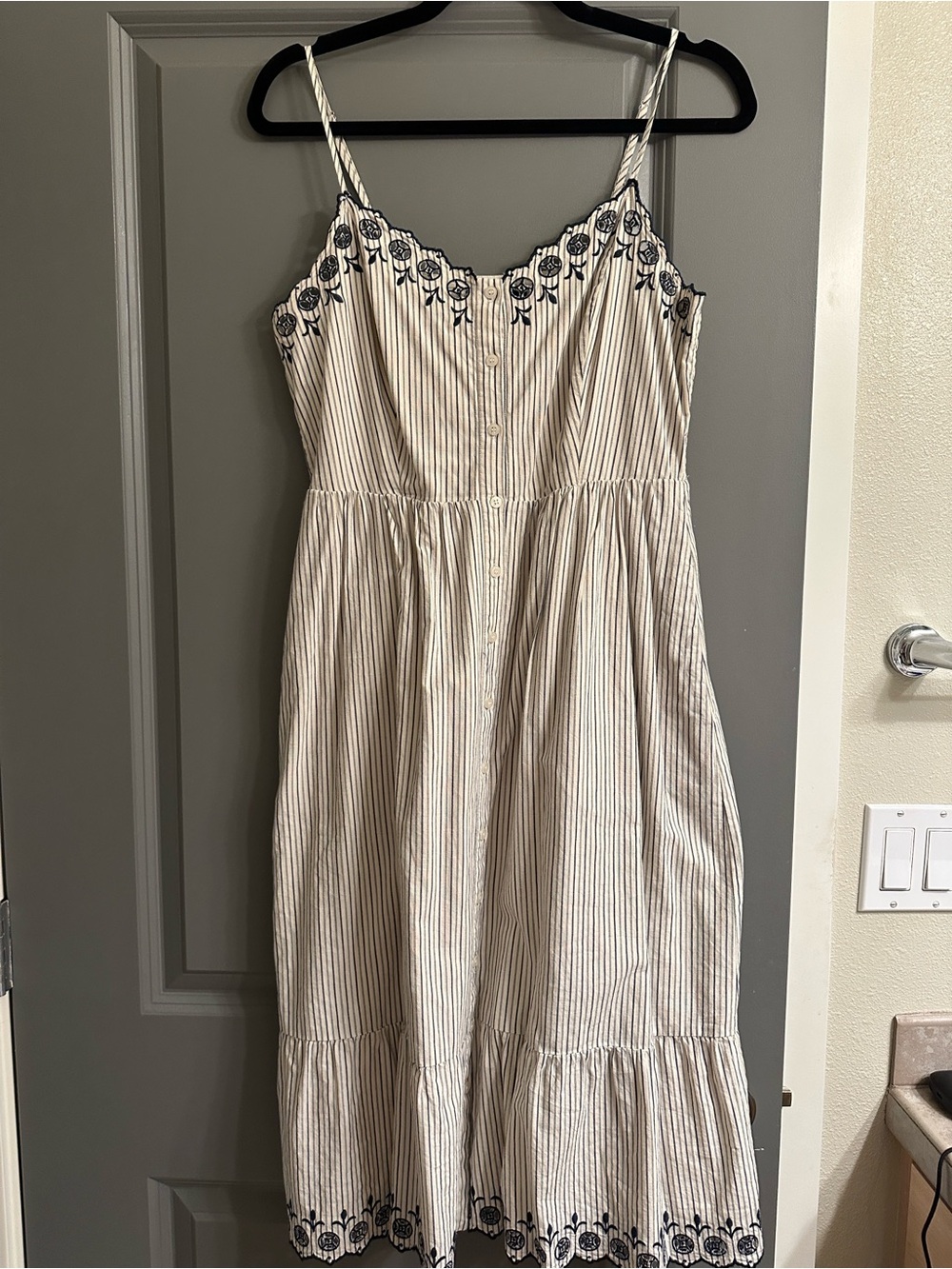 Madewell White and Navy Striped Embroidered Midi Sundress - Picture 1 of 5